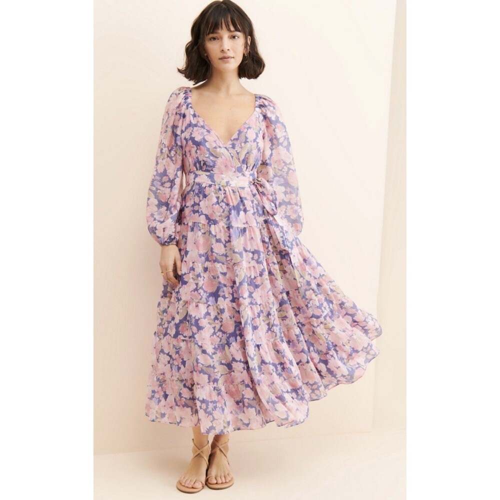 ASTR the Label Floral Midi Wrap Dress Women's Size L Purple Pink Puff Sleeve